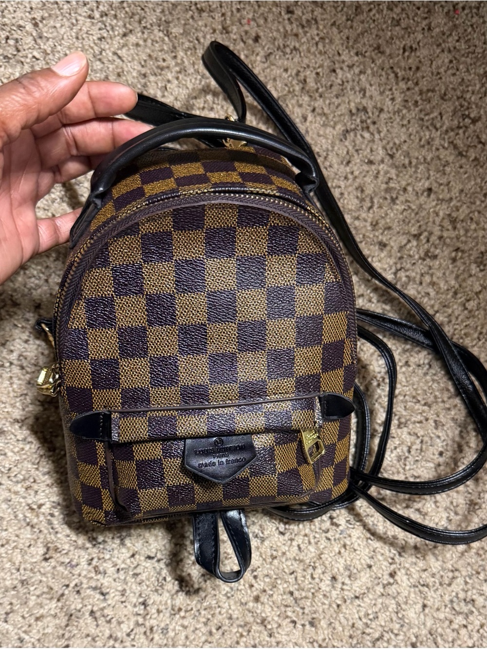 Brown Checkered Mini Backpack Shoulder Bag